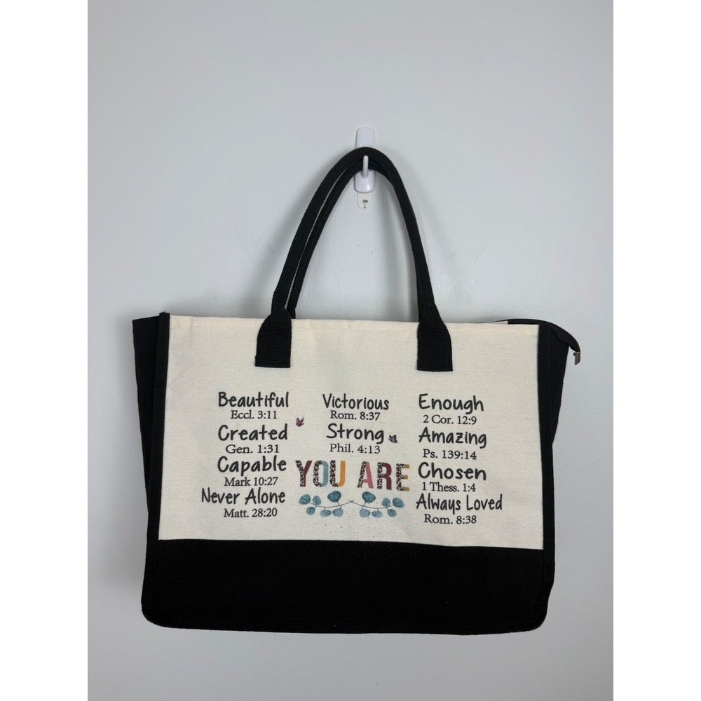 Christian Affirmations Bible Verse Canvas Tote Bag Black Cream Zippered Large